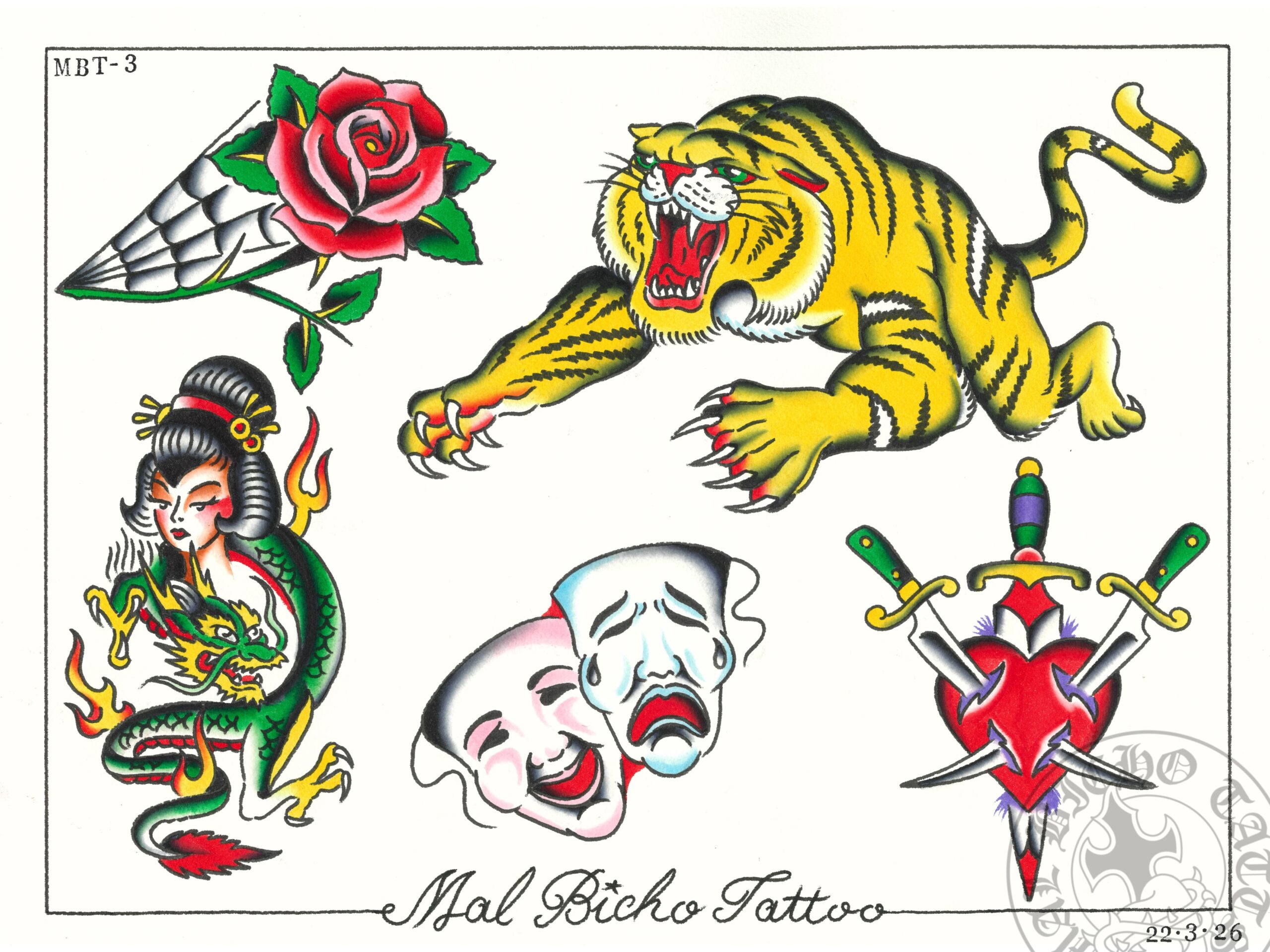 Diseños de tatuaje tradicional en Granada por Mal Bicho Tatts