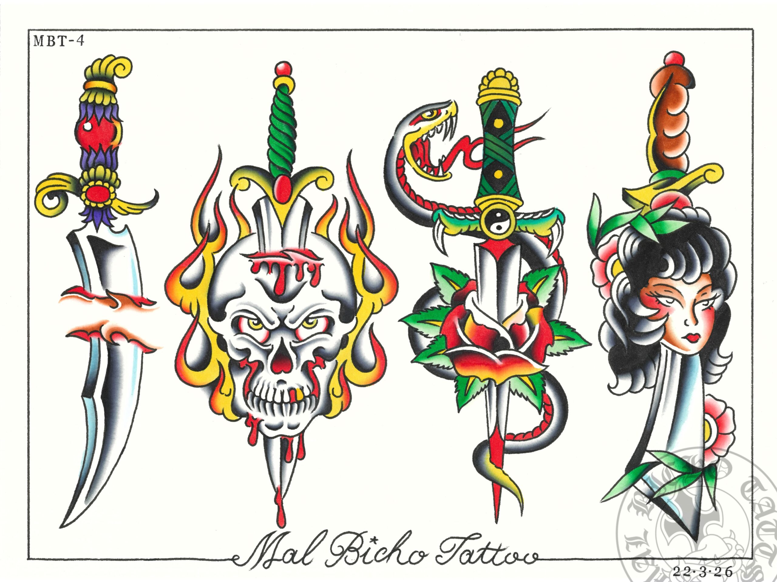 Diseños de tatuaje tradicional en Granada por Mal Bicho Tatts