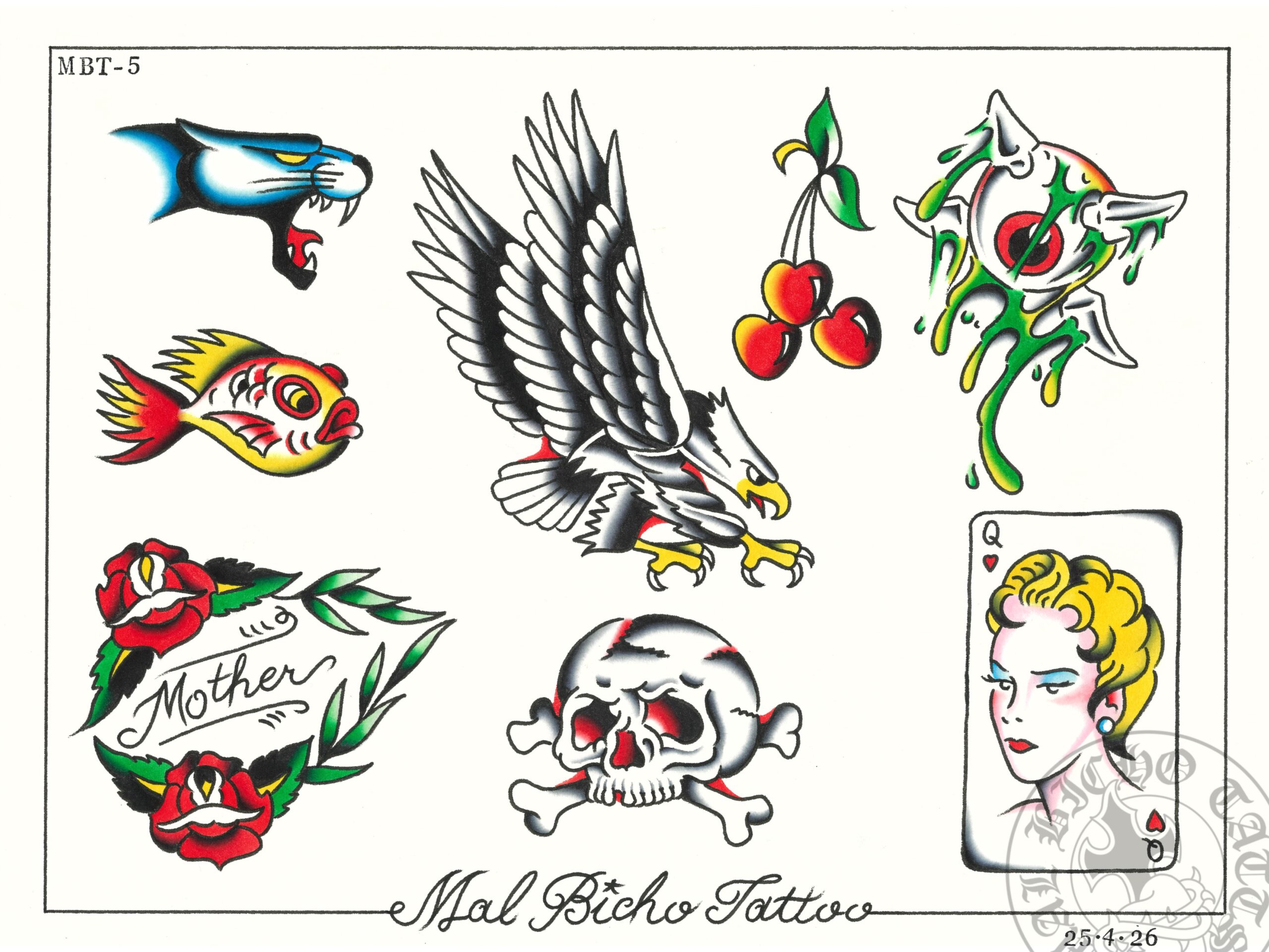 Diseños de tatuaje tradicional en Granada por Mal Bicho Tatts